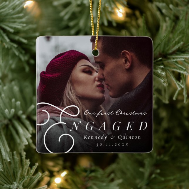Our First Christmas Engaged Classic Minimal Photo Ceramic Ornament (Tree)