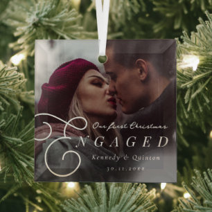 Our First Christmas Engaged Classic Minimal Photo Glass Tree Decoration