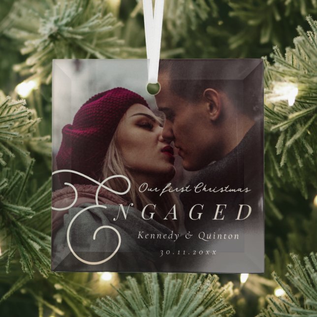 Our First Christmas Engaged Classic Minimal Photo Glass Tree Decoration (Insitu)