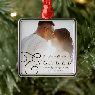 Our First Christmas Engaged Classic Minimal Photo Metal Tree Decoration
