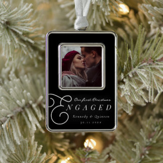 Our First Christmas Engaged Classic Minimal Photo Silver Plated Framed Ornament