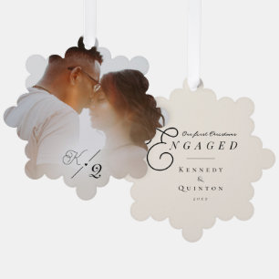 Our First Christmas Engaged Classic Minimal Photo Tree Decoration Card