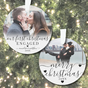 Our First Christmas Engaged Couple 2 Photo Ornament