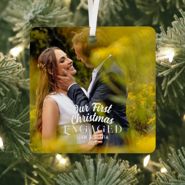  Our First Christmas Engaged Couple Photo Metal Tree Decoration (Insitu)