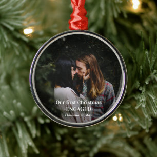 Our First Christmas Engaged Couple Photo  Metal Tree Decoration