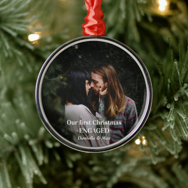 Our First Christmas Engaged Couple Photo  Metal Tree Decoration (Tree)
