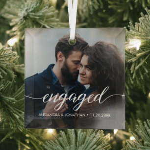 Our first Christmas Engaged Custom Photo Names  Glass Tree Decoration