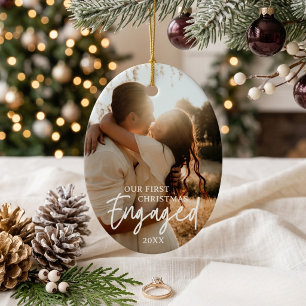 Our First Christmas Engaged Custom Photo Oval Ceramic Tree Decoration