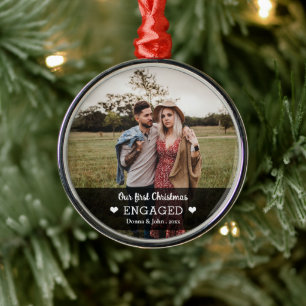Our First Christmas Engaged Cute Heart Photo Metal Tree Decoration