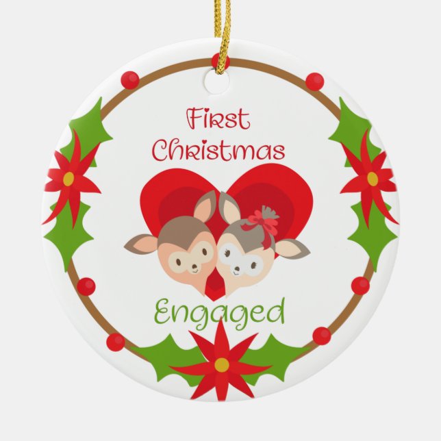 Our First Christmas Engaged Deer In Heart Ceramic Tree Decoration (Front)