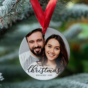 Our First Christmas Engaged Elegant Black Script Ornament