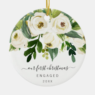 Our First Christmas Engaged Elegant Floral Photo Ceramic Tree Decoration