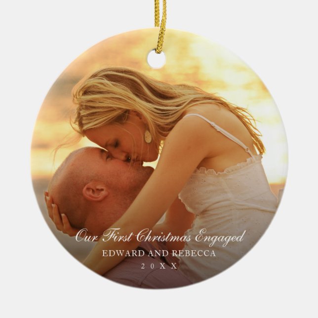 Our First Christmas Engaged Elegant Photo Ceramic Tree Decoration (Front)