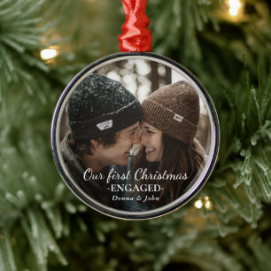 Our First Christmas Engaged Elegant Script Photo Metal Tree Decoration