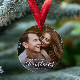 Our First Christmas Engaged Elegant White Script Ornament