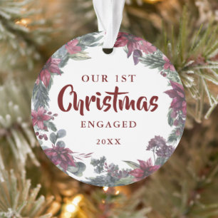 Our First Christmas Engaged Floral Couple Photo Ornament