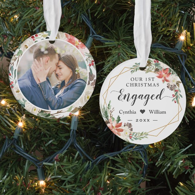 Our First Christmas Engaged Geometric Floral Photo Ornament (Sampe 1)