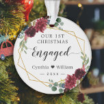 Our First Christmas Engaged Geometric Floral Photo Ornament<br><div class="desc">***** Don't forget to upload your favorite photo on the back. If you don't need the photo placement, you can remove it using design tool ***** Celebrate your First Christmas Engaged with this Burgundy Red Floral Geometric Frame Photo Ornament. Adding a favorite photo and text to this graceful design for...</div>