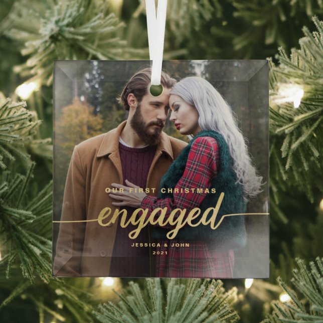 Our First Christmas Engaged Glass Photo Ornament (Insitu)