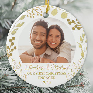 Our First Christmas Engaged Gold Foliage Photo Ceramic Tree Decoration