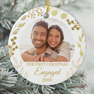 Our First Christmas Engaged Gold Foliage Photo Ceramic Tree Decoration