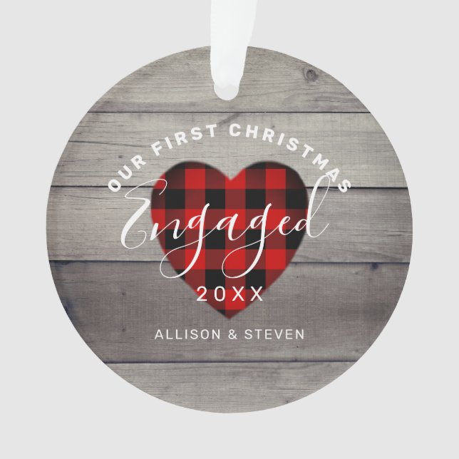 Our First Christmas Engaged Hand Lettered Heart Ornament (Front)