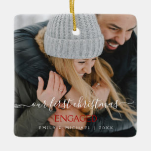 Our First Christmas Engaged Hand Lettered Photo Ceramic Ornament