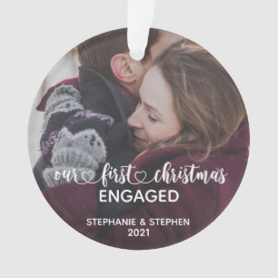 Our First Christmas Engaged Hand Lettered Photo Ornament