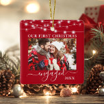 Our First Christmas Engaged Lights Photo Red Ceramic Ornament<br><div class="desc">Our First Christmas Engaged Double Sided Photo Red Ornament - Front & Back Photos,  Names on Back - String Lights</div>