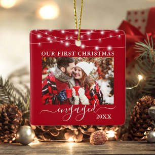 Our First Christmas Engaged Lights Photo Red Ceramic Ornament