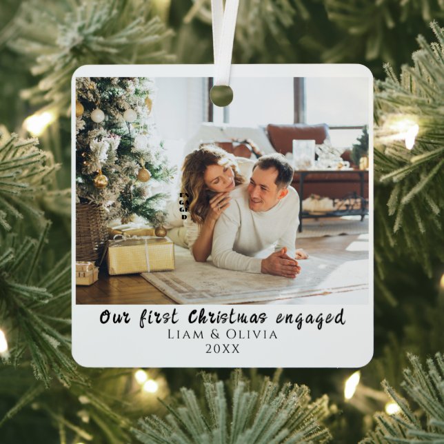  Our First Christmas Engaged Minimal Couple Photo Metal Tree Decoration (Insitu)