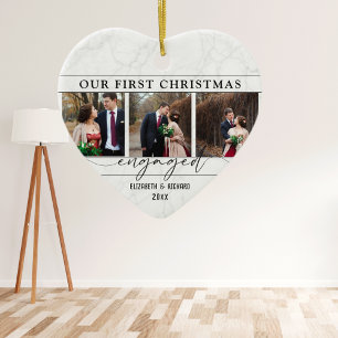 Our First Christmas Engaged Minimal Photo Collage Ceramic Tree Decoration