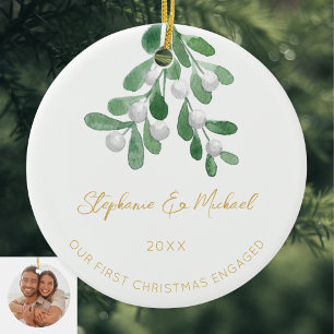 Our First Christmas Engaged Mistletoe Gold Photo Ceramic Tree Decoration