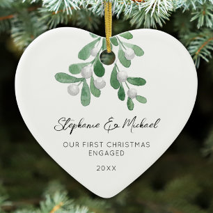 Our First Christmas Engaged Mistletoe Heart Ceramic Tree Decoration