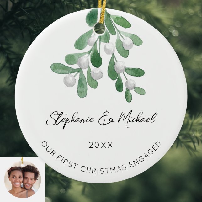 Our First Christmas Engaged Mistletoe Photo Cerami Ceramic Tree Decoration (Creator Uploaded)