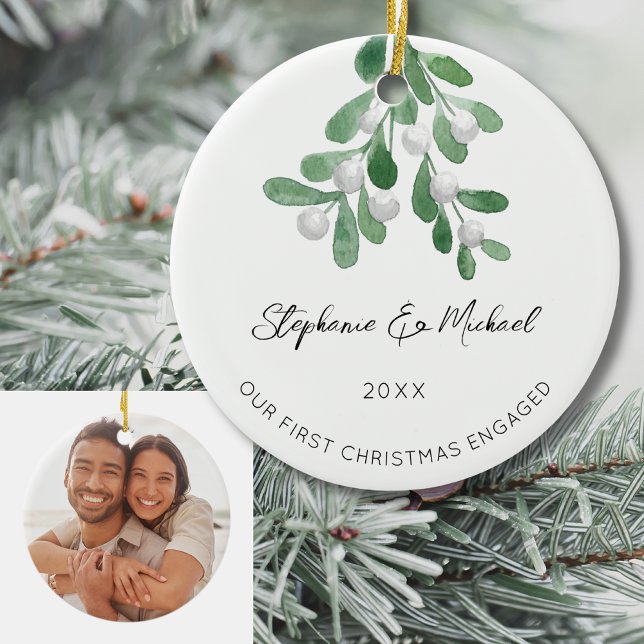 Our First Christmas Engaged Mistletoe Photo Ceramic Tree Decoration (Creator Uploaded)