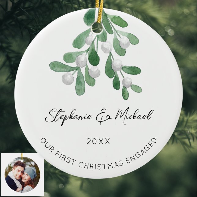 Our First Christmas Engaged Mistletoe Photo Ceramic Tree Decoration (Creator Uploaded)