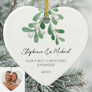 Our First Christmas Engaged Mistletoe Photo Ceramic Tree Decoration