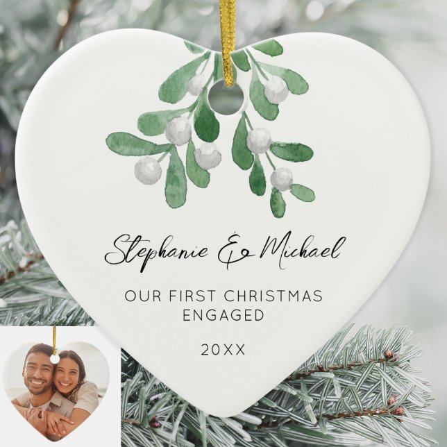 Our First Christmas Engaged Mistletoe Photo Ceramic Tree Decoration (Creator Uploaded)