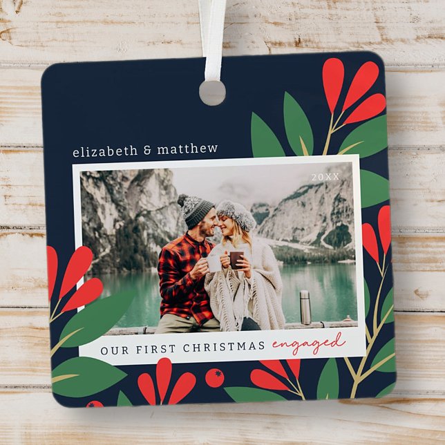 Our First Christmas Engaged Modern Foliage Photo Metal Tree Decoration (Creator Uploaded)