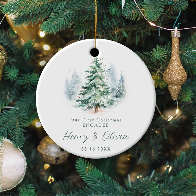 Our First Christmas Engaged Modern Script Tree Ceramic Tree Decoration (Our First Christmas Engaged Modern Script Tree Ceramic Ornament)