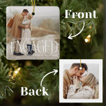 Our First Christmas Engaged Overlay 2 Photo  Ceramic Ornament<br><div class="desc">Celebrate this special milestone with our "Our First Christmas Engaged Overlay 2 Photo Ceramic Ornament." It features an elegant white modern script overlay that reads "Our First Christmas Engaged." This timeless design creates a beautiful keepsake to commemorate your engagement. Customise the ornament by adding your names and the year of...</div>