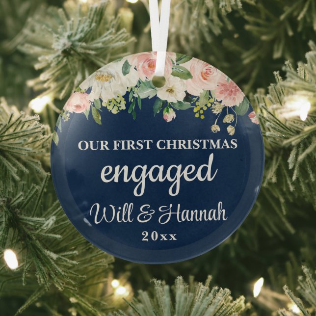 Our First Christmas Engaged Personalised Couple Glass Tree Decoration (Insitu)