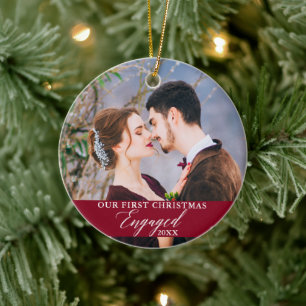 Our First Christmas Engaged Photo Burgundy Ceramic Tree Decoration