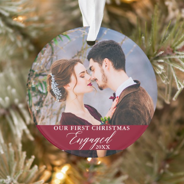 Our First Christmas Engaged Photo Burgundy Ornament (Tree)