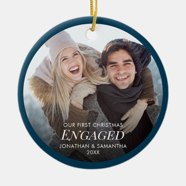 Our First Christmas Engaged Photo Ceramic Tree Decoration (Front)