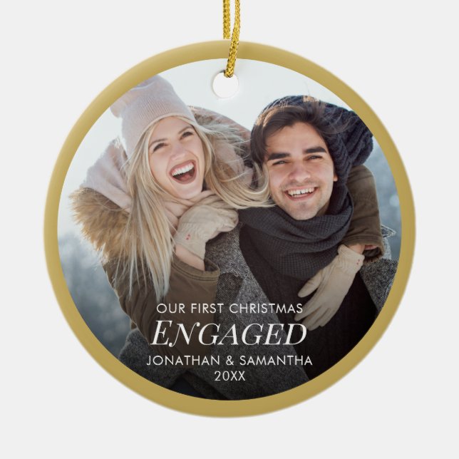 Our First Christmas Engaged Photo Gold Ceramic Tree Decoration (Front)