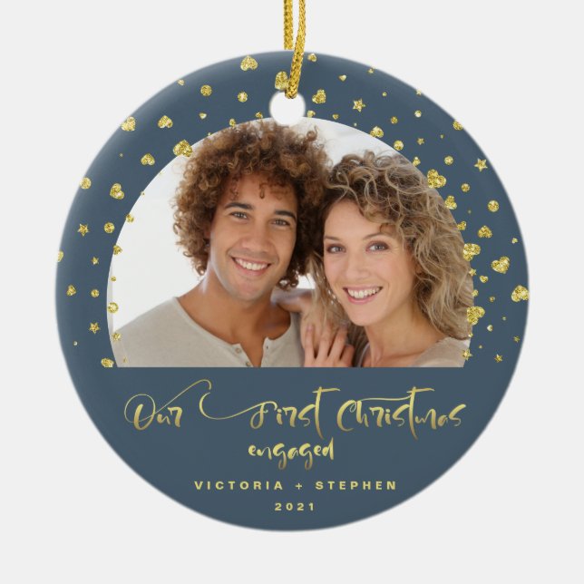 Our First Christmas Engaged Photo Gold Confetti  Ceramic Tree Decoration (Front)