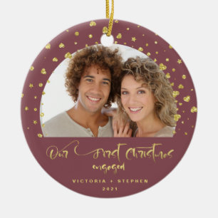 Our First Christmas Engaged Photo Gold Confetti  Ceramic Tree Decoration