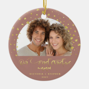 Our First Christmas Engaged Photo Gold Hearts  Ceramic Tree Decoration